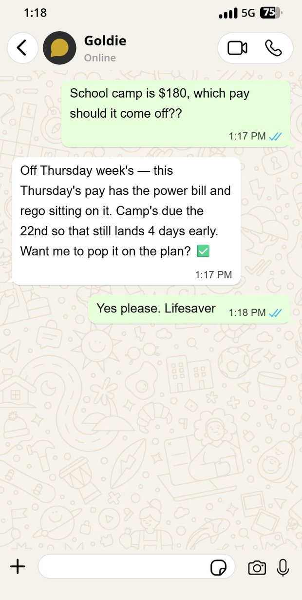 Sarah asks which pay school camp should come off; Goldie answers with the right pay and why, in seconds.