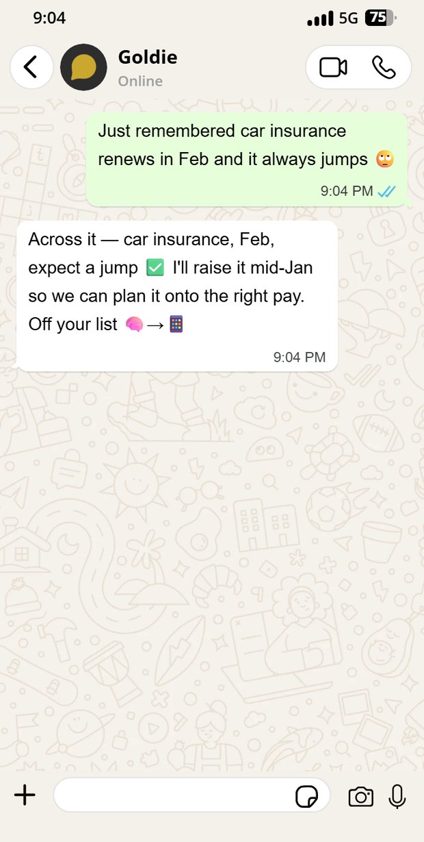 Sarah offloads a reminder about car insurance; Goldie confirms she's across it and will raise it at the right time.